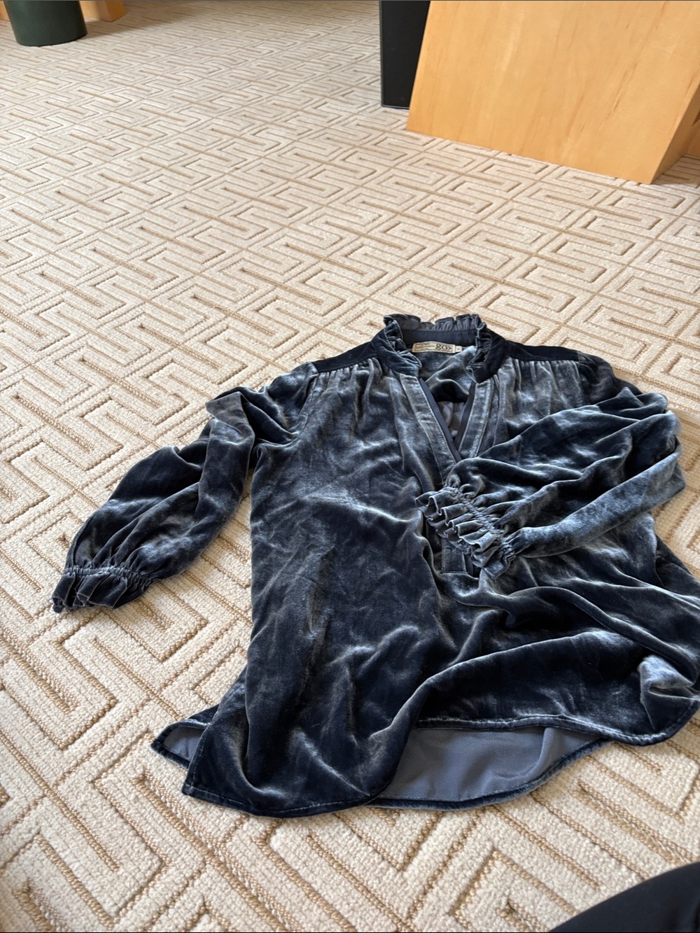 Velvet V-Neck Long-Sleeve Blouse - Charcoal